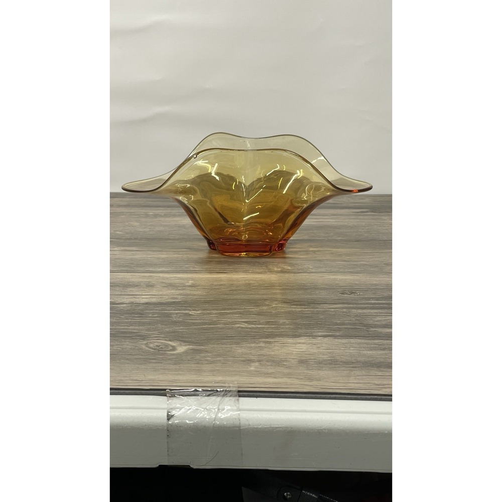 Vintage Amber Hand Blown Art Glass Ruffled Handkerchief Bowl Centerpiece 10in